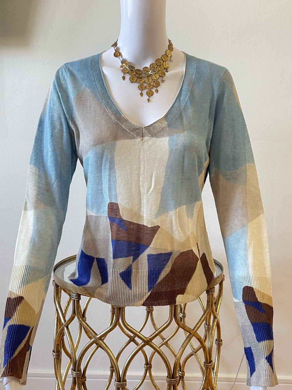 Mexx V-Neck Abstract Geometric Sweater — Blue, Cream, Brown